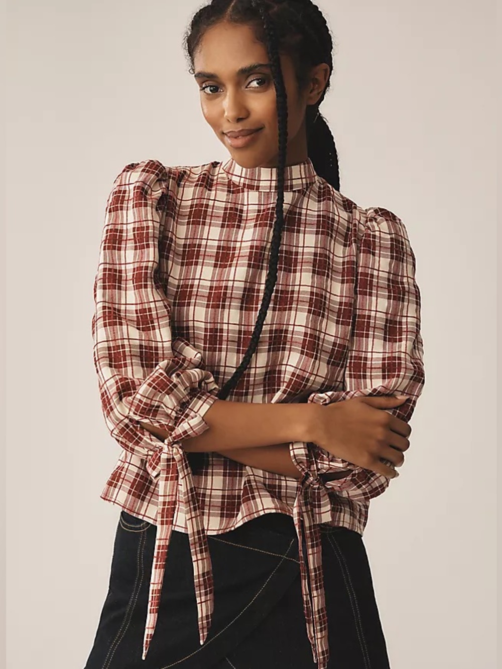 Anthropologie || En Saison Colebee Top Plaid Tie Sleeve Maroon Burgundy Small
